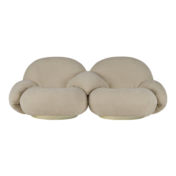 Beige, plush loveseat with curved, soft forms and subtle texture for a modern, cozy touch. Ideal for stylish interiors.
