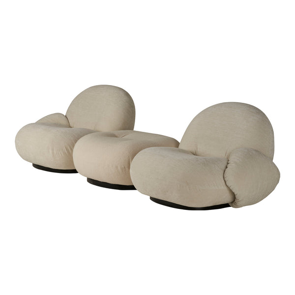 "Beige, plush modern lounge chairs with smooth, rounded shapes and a soft texture, perfect for stylish interiors."