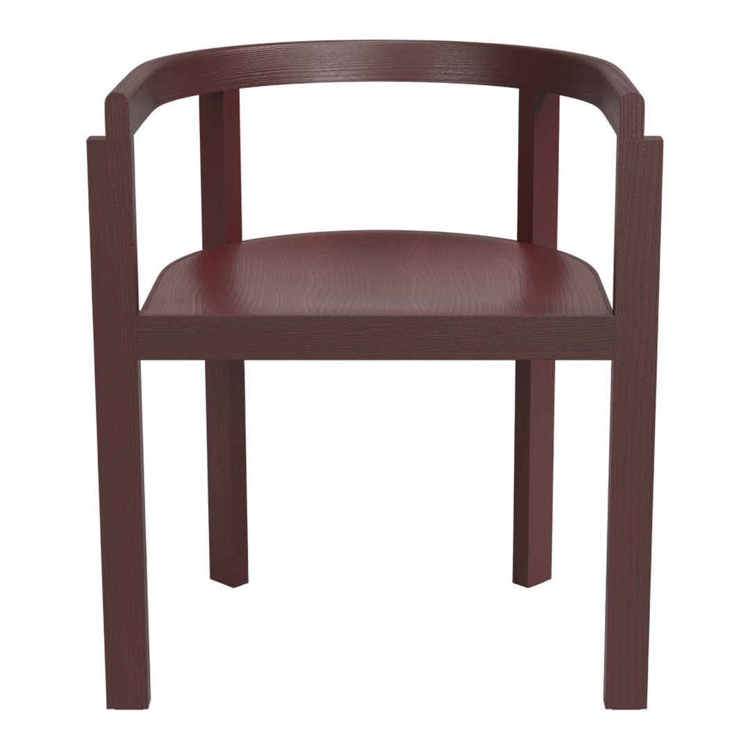 Red wooden chair with a smooth finish and minimalist design, showcasing rich color and clean lines.