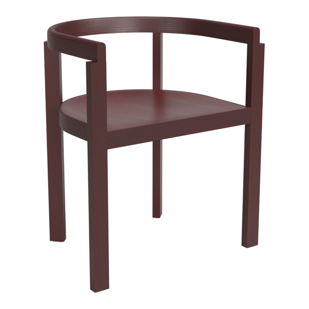 Maroon wood chair with a sleek, minimalist design and smooth, rounded edges. Perfect for modern decor.