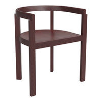 Maroon wood chair with a sleek, minimalist design and smooth, rounded edges. Perfect for modern decor.