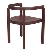 Rustic maroon wood chair with a minimalistic design and smooth, textured finish on the curved frame and seat.