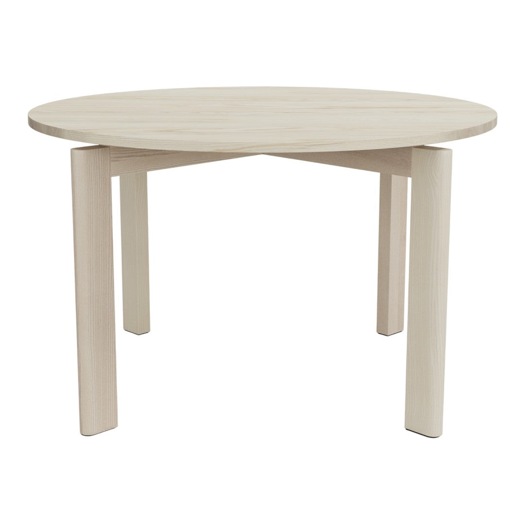 Light wood round table with a smooth finish, featuring a soft beige color and subtle grain patterns.