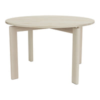 Light-colored round table with a smooth wood grain finish and simple design, featuring natural pale hues and clean lines.