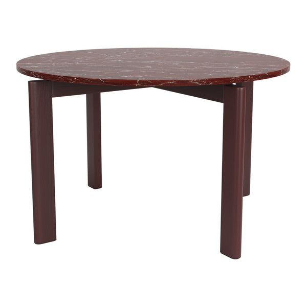 Round table with a rich maroon marble surface and contrasting smooth, dark wooden legs. Perfect for modern decor.