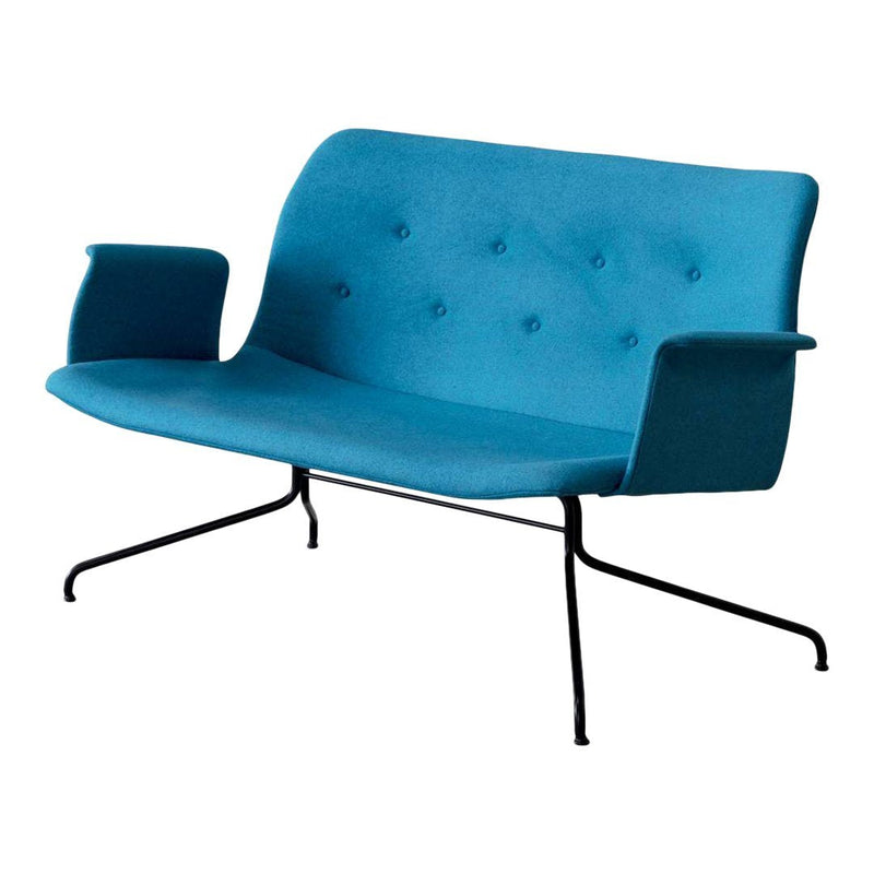Teal modern loveseat with tufted fabric and sleek black metal legs, perfect for stylish living spaces.