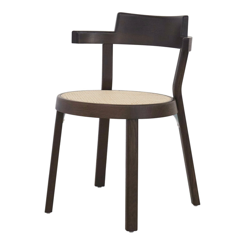 Dark brown wooden chair with a natural woven seat, featuring a simple, contemporary design.