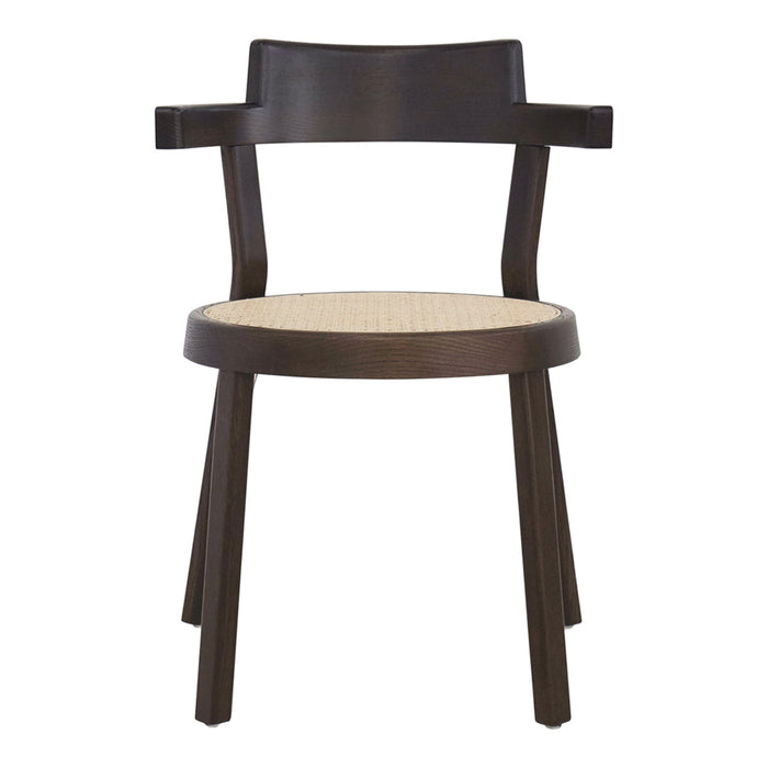 Dark brown wooden chair with a natural woven seat and simple, modern design.