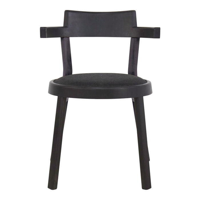 Black wooden chair with a simple, modern design and solid color, featuring a round seat and functional armrests.