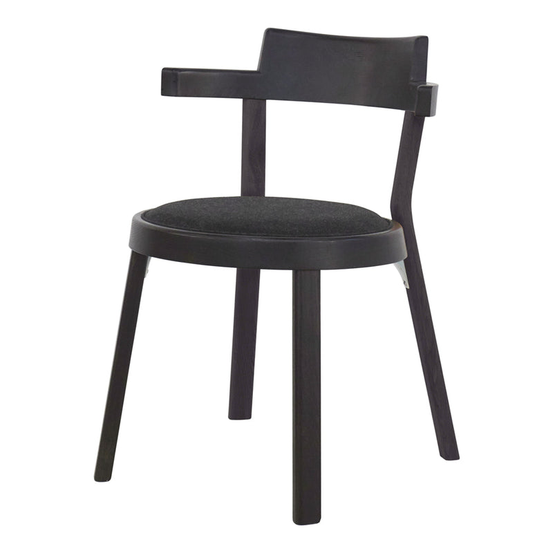 Black wooden chair with a simple design and textured, dark fabric seat, highlighting modern style and elegance.