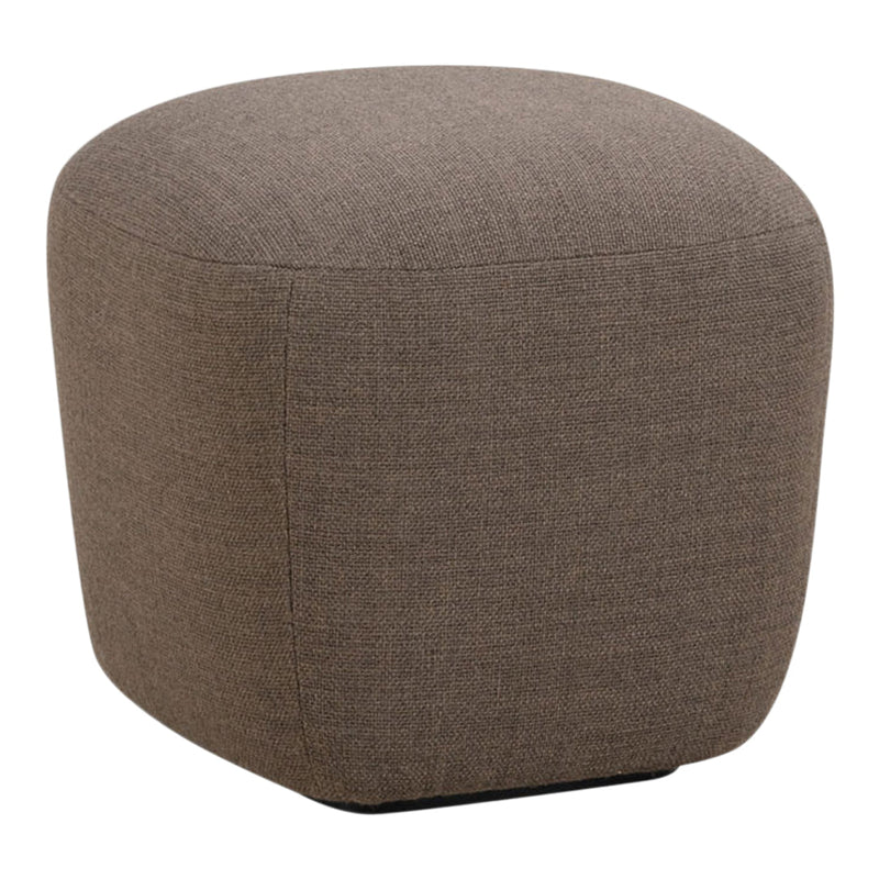 Brown upholstered ottoman with a smooth, rounded shape and textured fabric pattern. Ideal for modern decor.