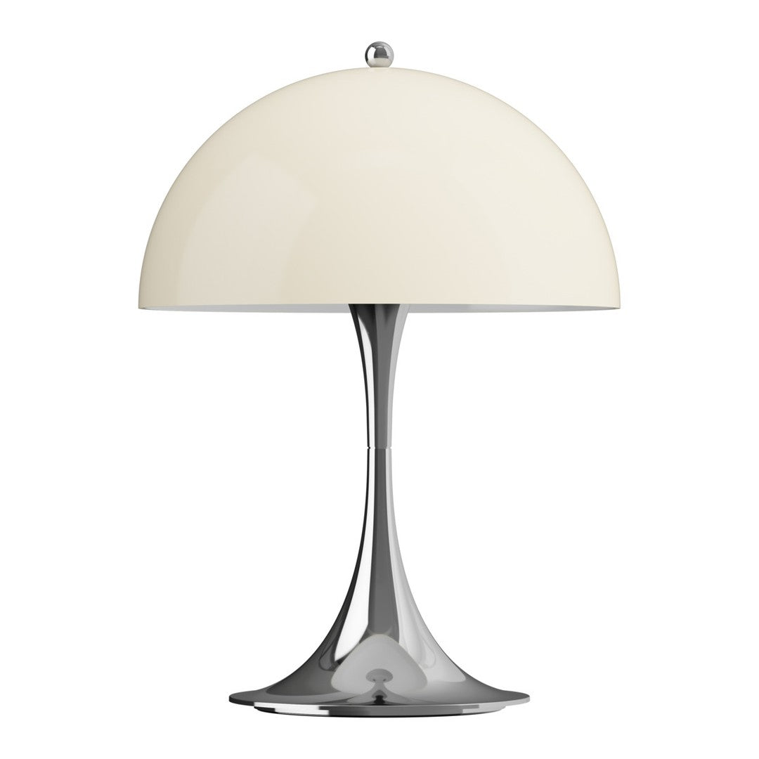 Panthella table lamp with a beige shade and chrome base on a white background