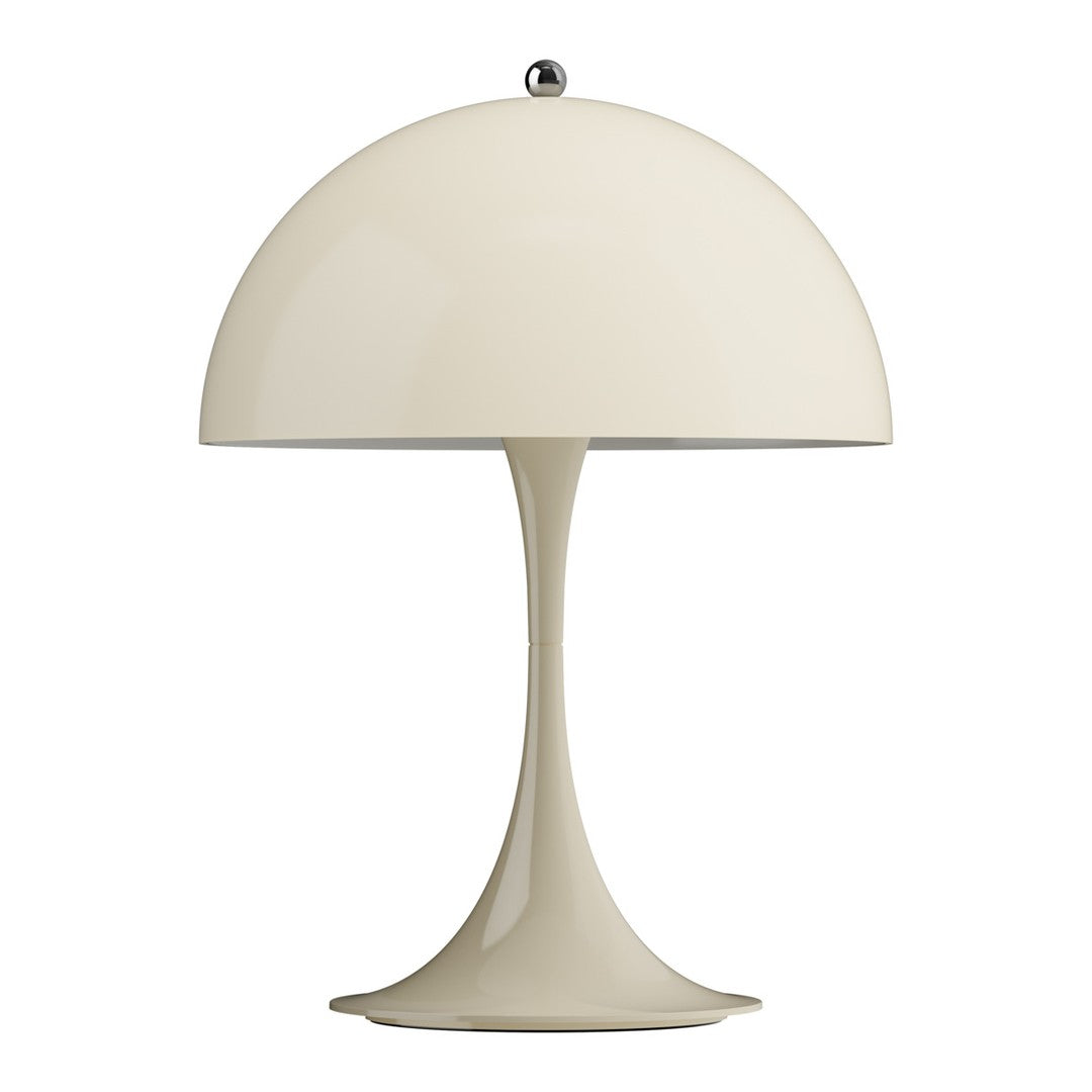Beige Panthella table lamp with a cylindrical base and dome-shaped shade on a white background