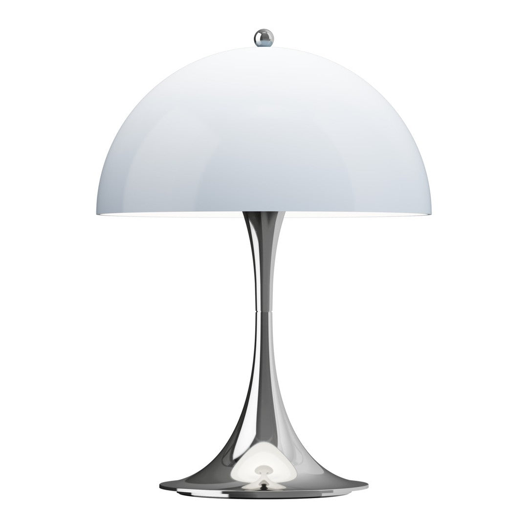 Panthella table lamp with white shade and chrome base on a white background