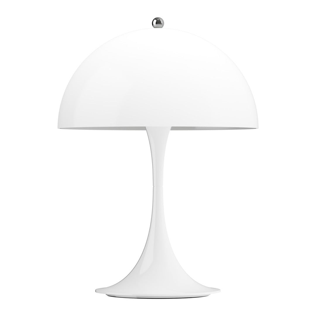 White Panthella table lamp with a round base and cylindrical shade on a white background