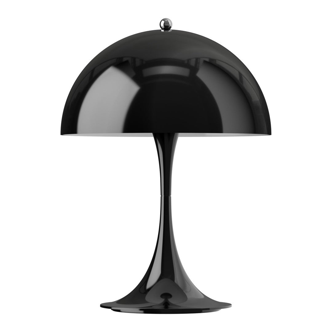 Black table Panthella lamp with a glossy finish on a white background