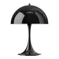 Black table Panthella lamp with a glossy finish on a white background