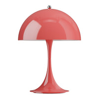 Coral-colored Panthella table lamp on a white background