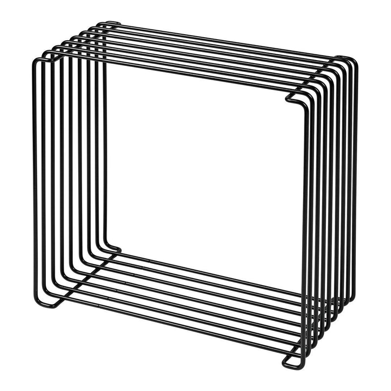 Black wire storage cube with sleek, modern design featuring clean lines and geometric patterns for versatile organization.