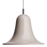 Beige bell-shaped pendant light with a smooth finish and sleek chrome detail, ideal for modern decor.