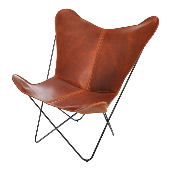 Brown leather butterfly chair with smooth texture and minimalist black metal frame. Stylish and modern design.