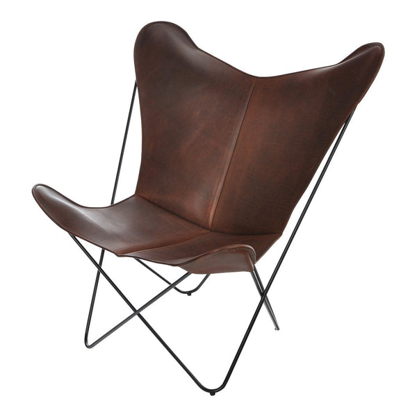 Brown leather butterfly chair with a smooth, minimalist design and sleek black metal frame, perfect for modern decor.