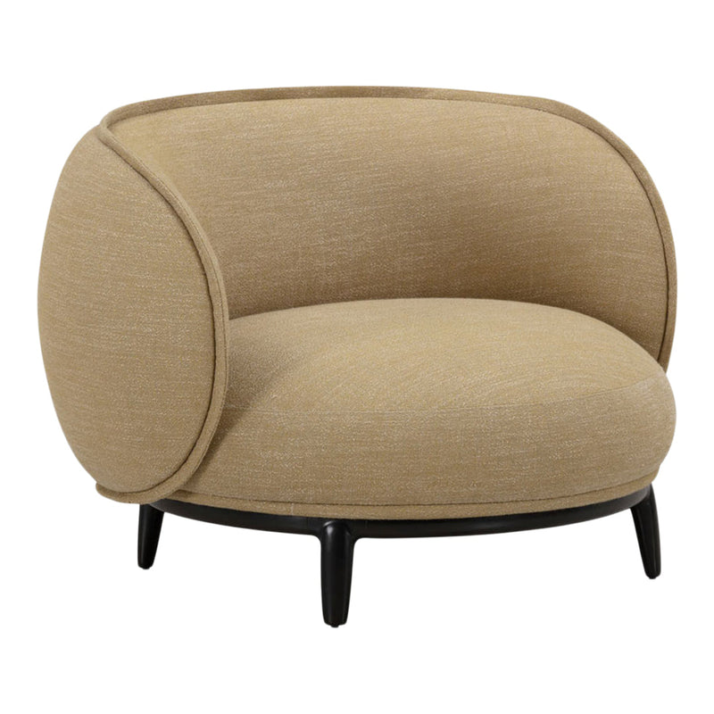 Beige curved armchair with smooth texture, featuring a minimalist design and sleek black legs.
