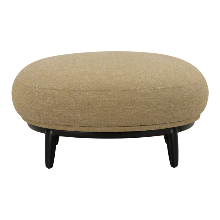 Round beige ottoman with a textured fabric surface and black wooden legs, offering a modern, minimalistic design.