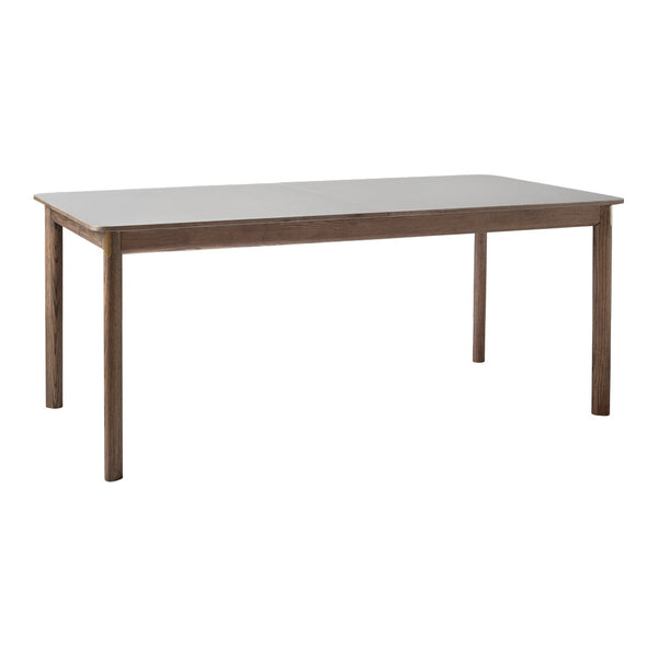 Rectangular table with a smooth, light gray tabletop and natural wood legs in a warm brown finish.