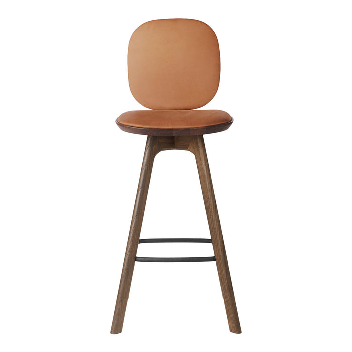 Tan leather bar stool with a smooth, rounded seat and a natural wooden base, complemented by a black metal footrest.