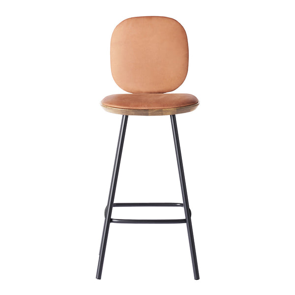Tan upholstered bar stool with a smooth round seat and a sleek black metal frame. Modern design for stylish spaces.