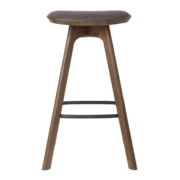 Wooden barstool with a dark brown frame and a gray upholstered seat, featuring a sleek, minimalist design.