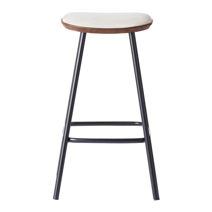 Stylish bar stool featuring a smooth white top and sleek black metal legs with a warm wood accent. Perfect modern design!