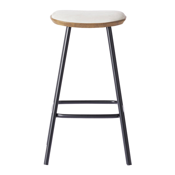 Modern bar stool featuring a white seat with natural wood trim and sleek black legs, perfect for minimalist decor.