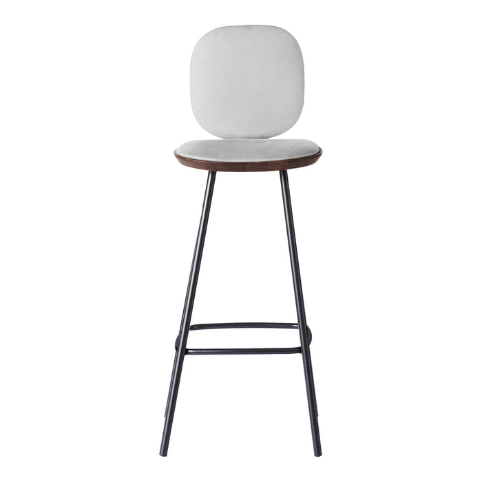 Gray upholstered seat with a wood and black metal frame, featuring a minimalist design. Modern bar stool with clean lines.