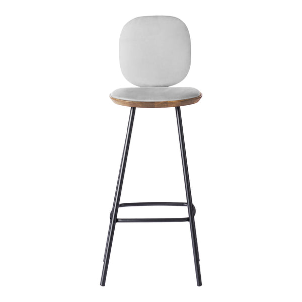 Gray upholstered bar stool with a wooden seat and black metal legs, featuring a minimalist design.