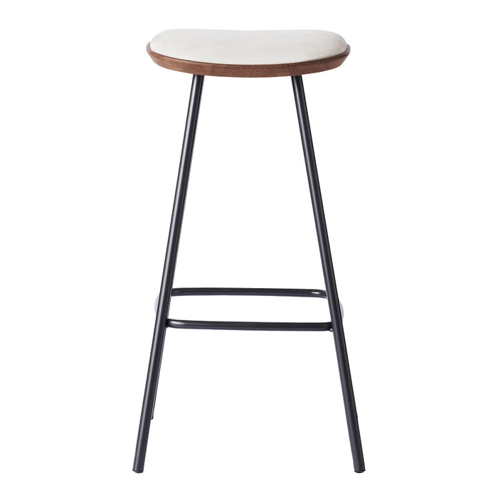White cushioned seat with a warm wood top and black metal legs, minimalist design and clean lines.