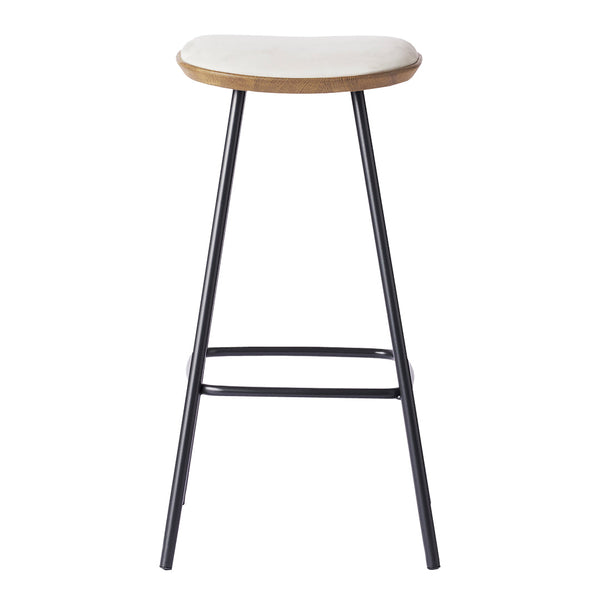 Black metal bar stool with a wooden seat and a soft white cushion. Simple, modern design in neutral tones.