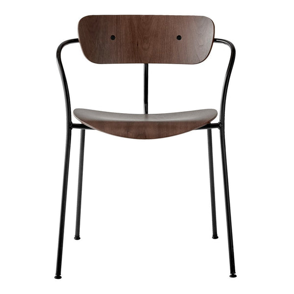 Front view of a minimalist chair featuring a dark wood seat and back, combined with sleek black metal legs.