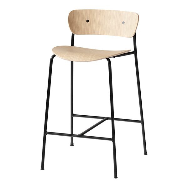 Natural wood grain seat with a matte black metal frame, minimalist design perfect for modern spaces.