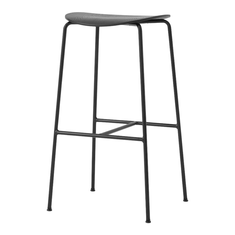 Sleek black metal bar stool with a smooth gray seat, perfect for modern decor. Minimalist design with clean lines.