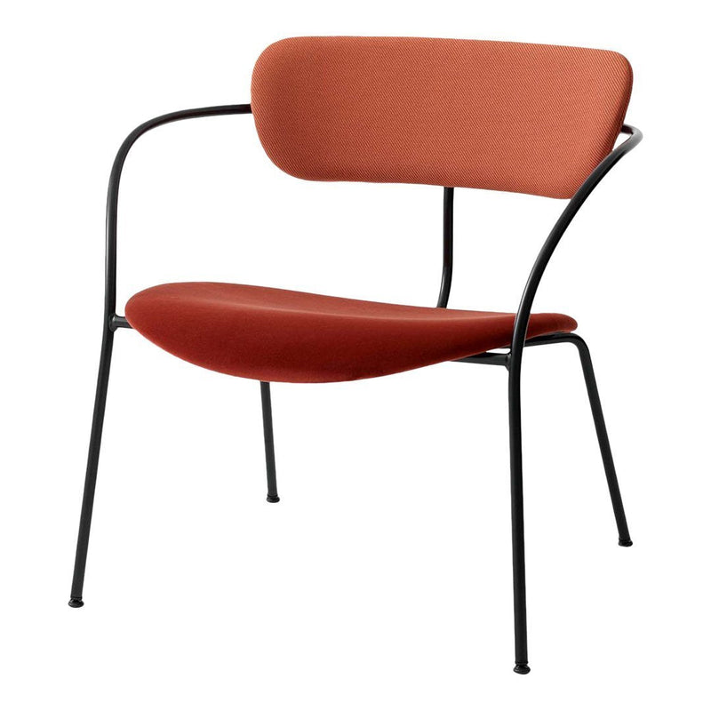 Rust-colored fabric chair with sleek black metal frame, featuring a minimalist design and curved lines.