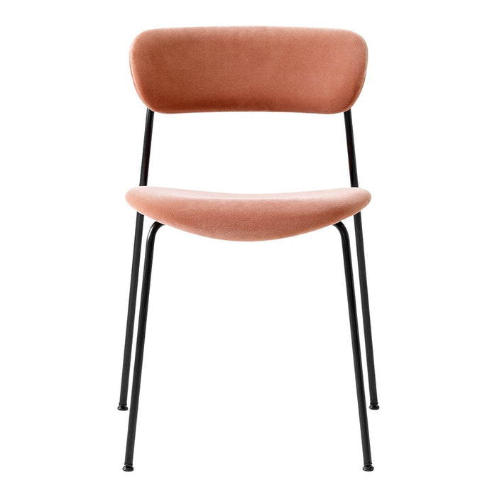 Blush pink velvet chair with a smooth, curved back and sleek black metal legs for a modern touch.