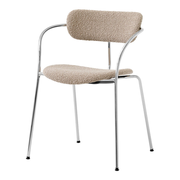 Beige textured fabric chair with sleek chrome legs, showcasing a modern minimalist design.