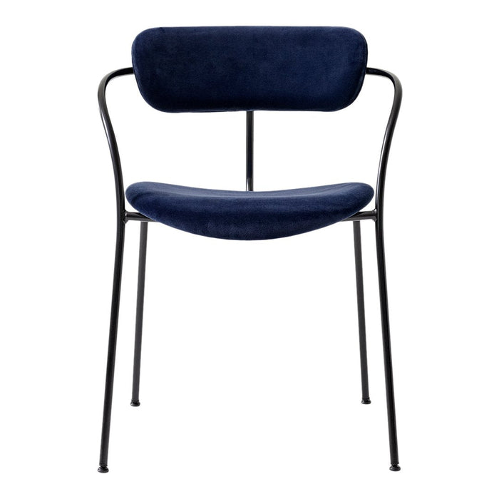 Navy blue velvet chair with a sleek black metal frame, featuring a minimalist design for modern interiors.