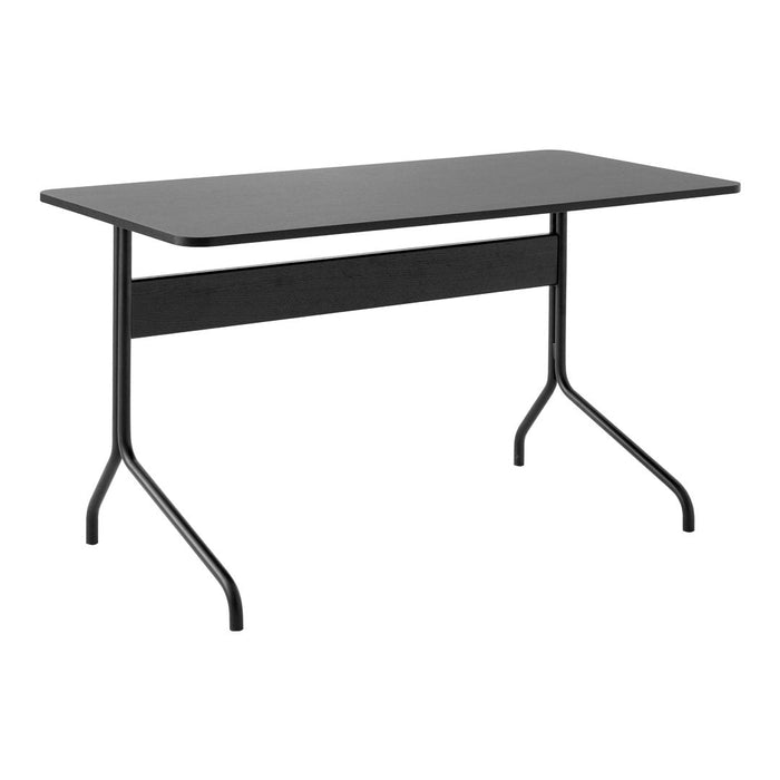 Sleek black table with a smooth finish and sturdy black metal legs, featuring a minimalist design. Perfect for modern spaces.