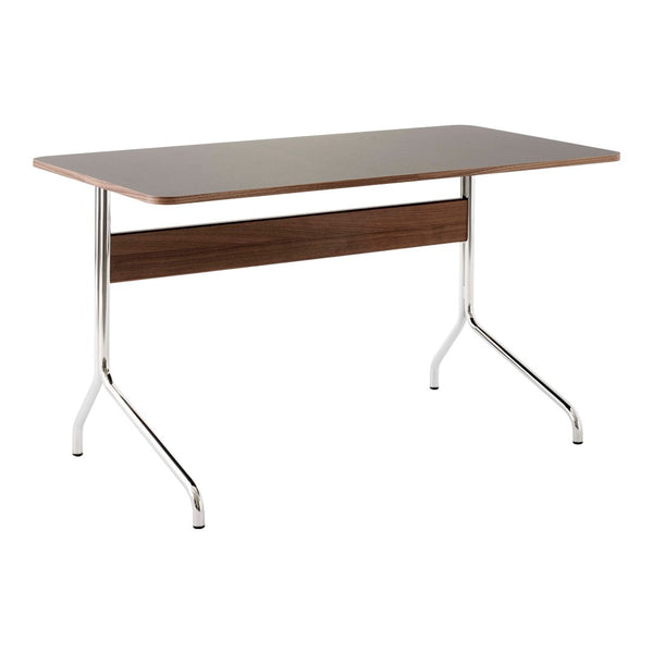 Modern rectangular table with a rich walnut wood top and sleek chrome legs, showcasing a minimalist design.