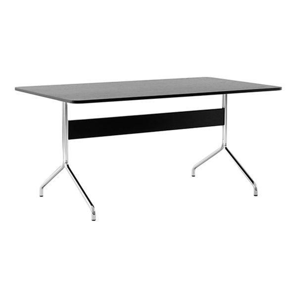 Sleek black rectangular table with a smooth surface and chrome legs, featuring minimalist design. Perfect for modern spaces.