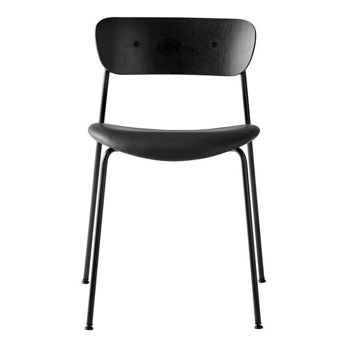 Black metal chair with a minimalistic design and smooth wood finish, featuring a sleek, modern aesthetic.