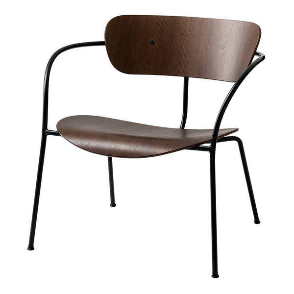 Brown wooden chair with smooth, curved lines and a sleek black metal frame. Modern, minimalist design.